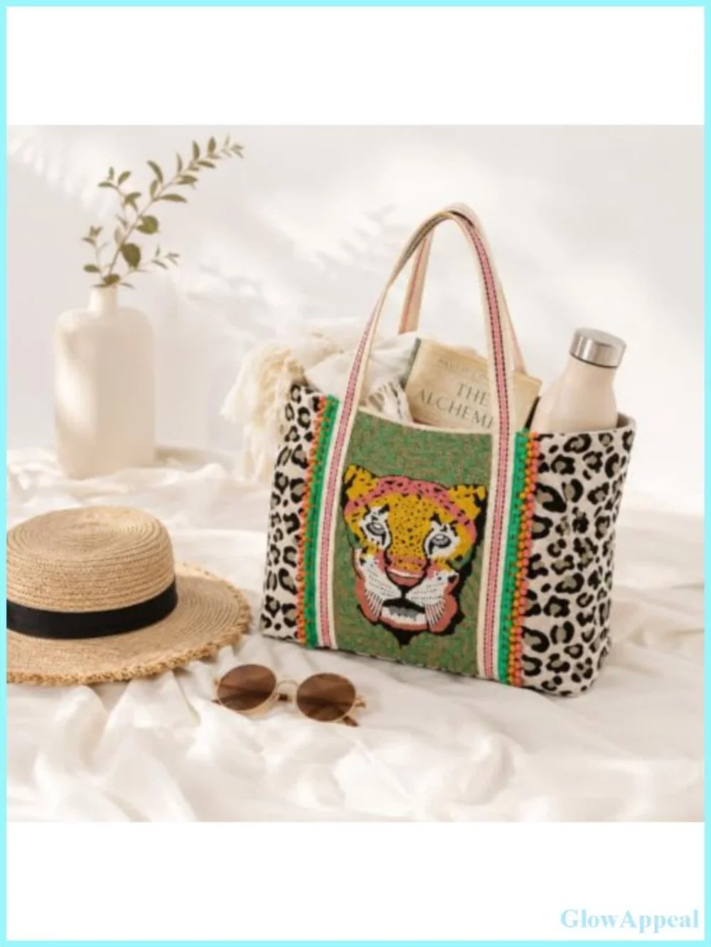 Hand-Beaded Leopard Jacquard Tote Bag for Women with Pompom Embroidered Handle